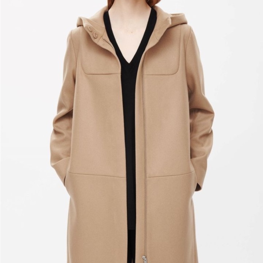 COS  Hooded Camel Duffel Coat, Wool Blend